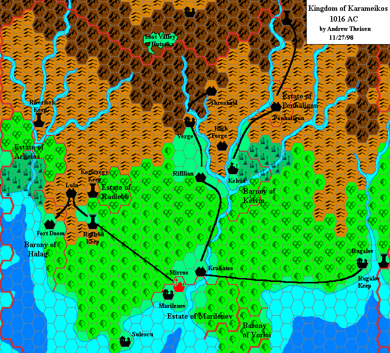 Karameikos 1016 AC, 8 miles per hex by Andrew Theisen, November 1998