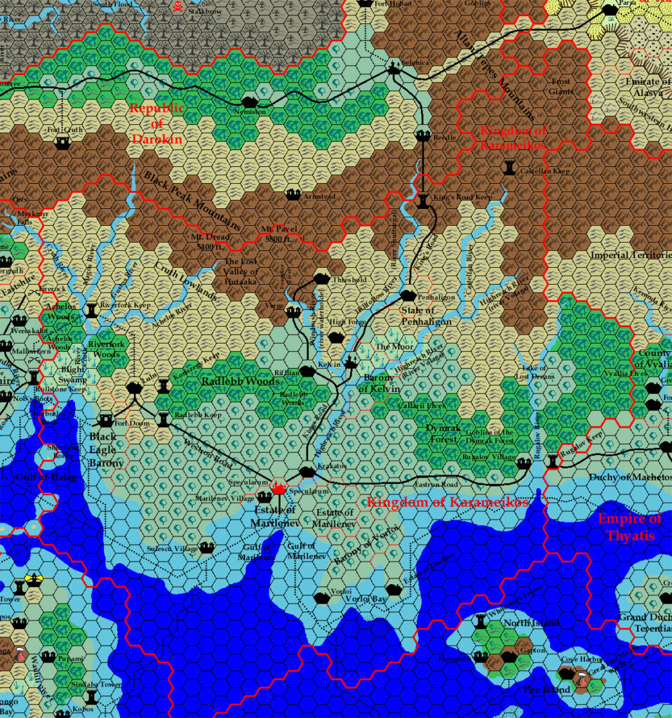 Karameikos, 8 miles per hex by Ricardo Matheus, October 2000, July 2001, October 2002