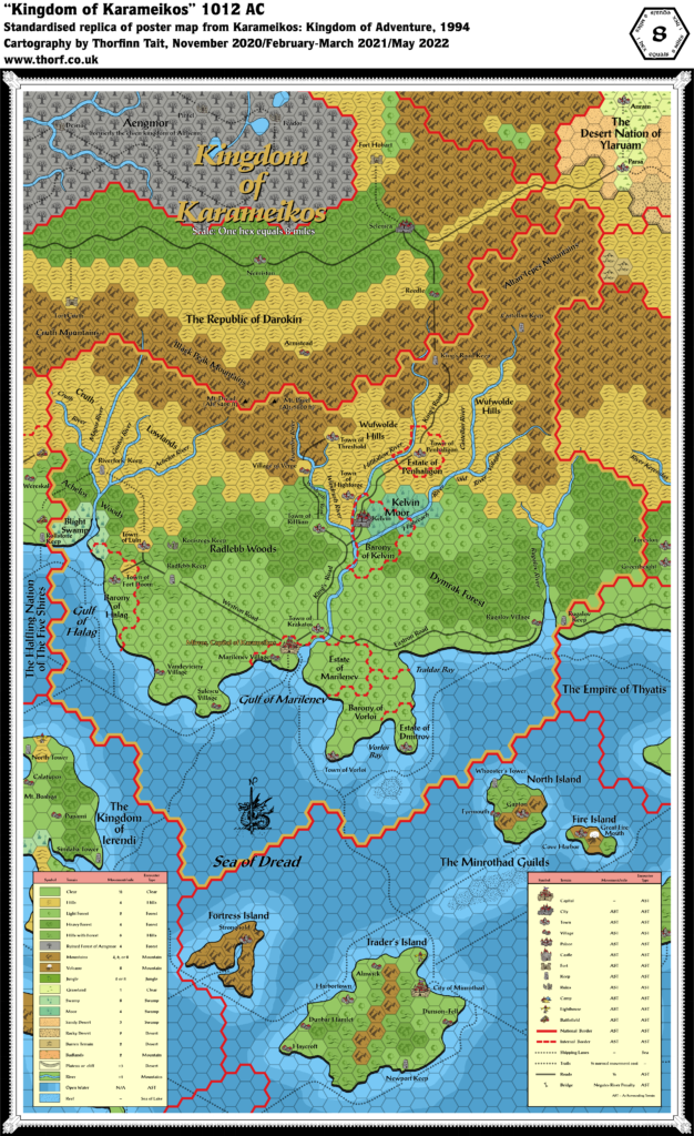 Standardised replica of Karameikos: Kingdom of Adventure map of Karameikos in 1012 AC, 8 miles per hex