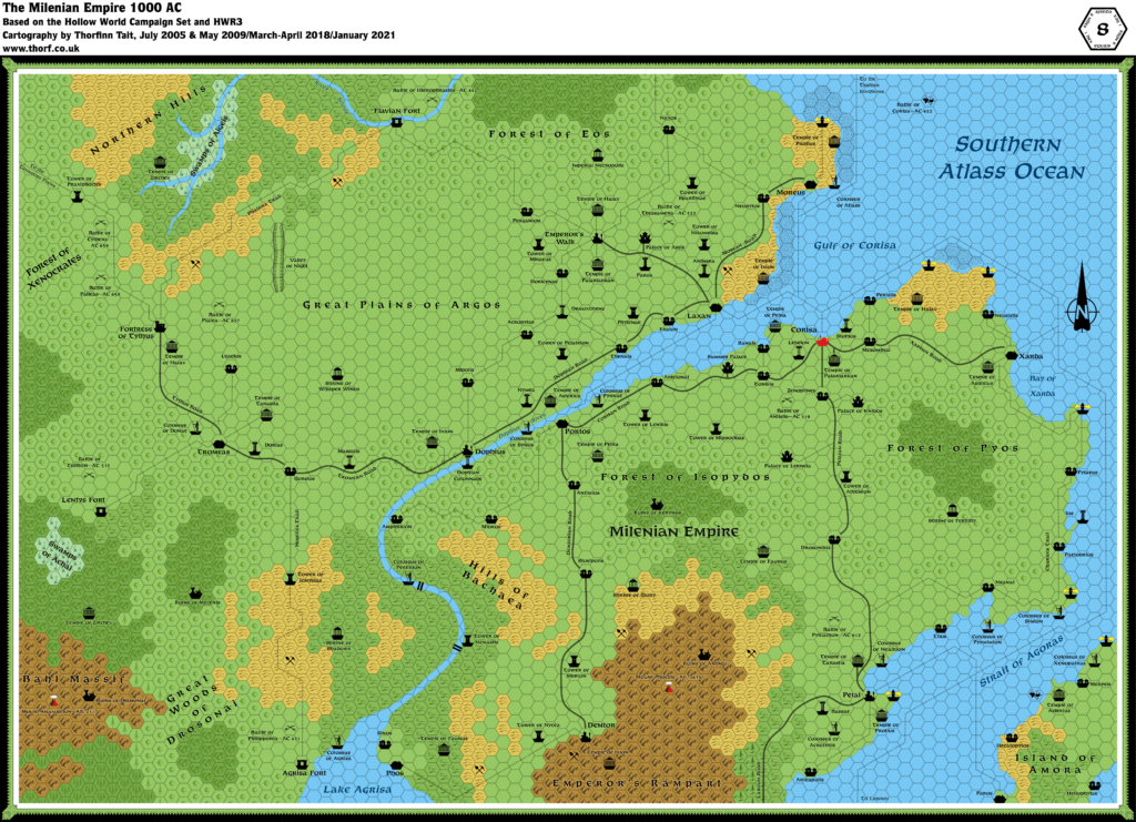 Updated map of the Milenian Empire, 8 miles per hex
