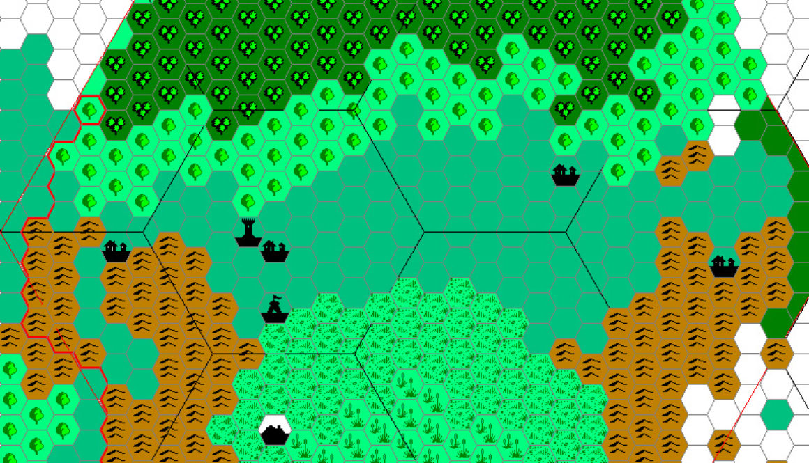 Fenhold region work-in-progress map, 1 mile per hex by Andrew Theisen, January 2006