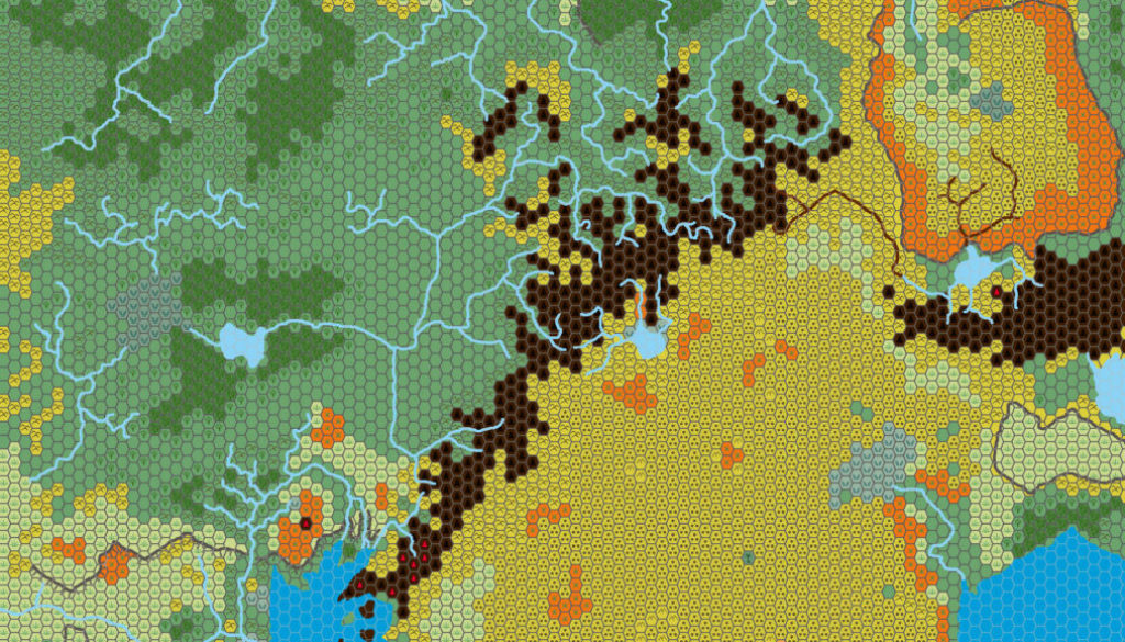 Draft map of the Western Lands, 24 miles per hex by Christian Constantin, August 1999