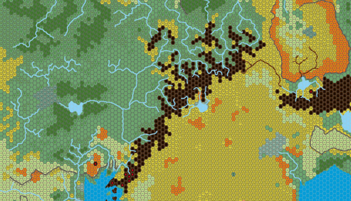 Draft map of the Western Lands, 24 miles per hex by Christian Constantin, August 1999