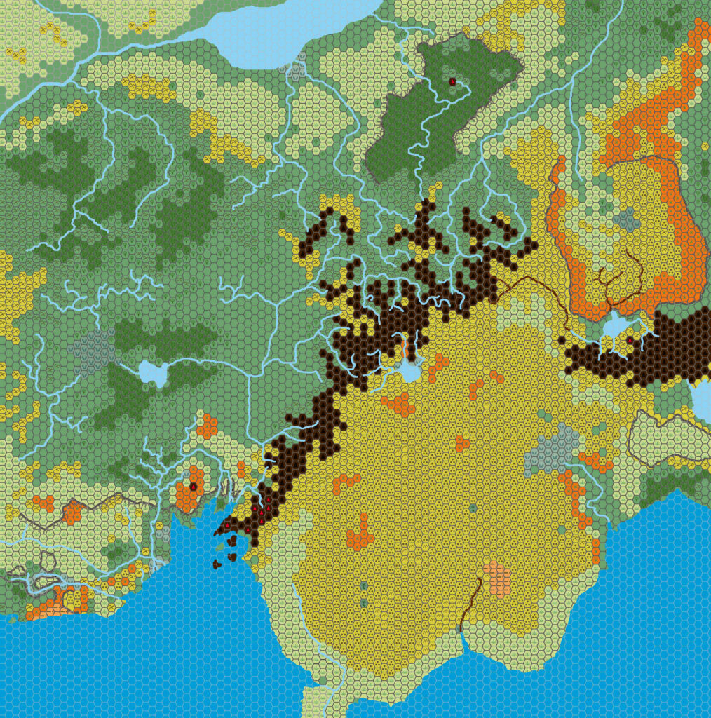 Draft map of the Western Lands, 24 miles per hex by Christian Constantin, August 1999