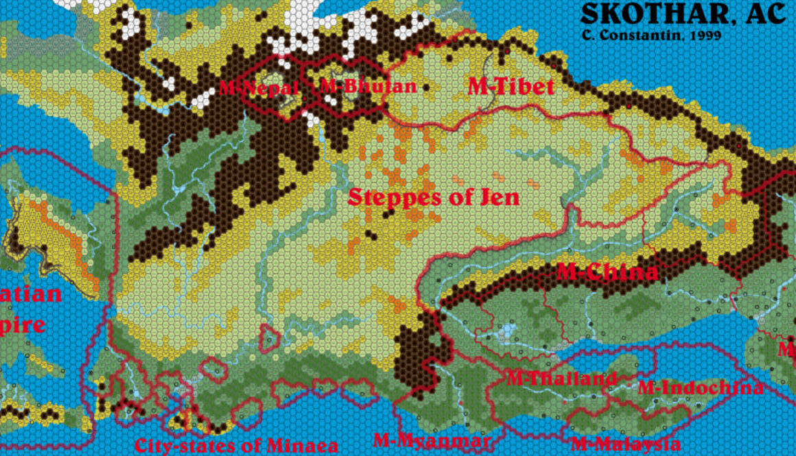 Draft map of Skothar, 72 miles per hex by Christian Constantin, September 1999