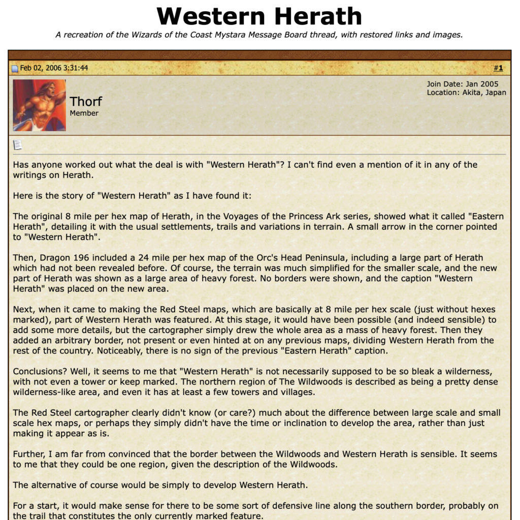 Western Herath — A recreation of the Wizards of the Coast Mystara Message Board thread, with restored links and images.