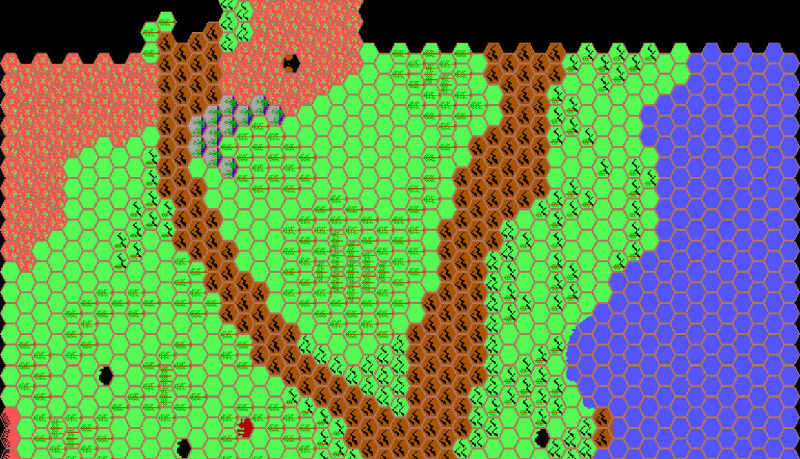 Work-in-progress map of the Denagoth area, 24 miles per hex by Thibault Sarlat, January 1998