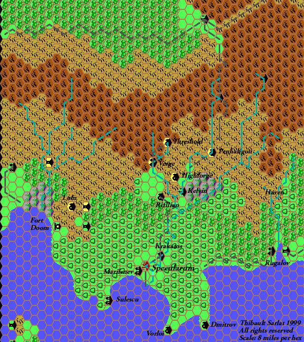 Grand Duchy of Karameikos, 8 miles per hex by Thibault Sarlat, August 1999 (Restored by Thorfinn Tait, July 2021)