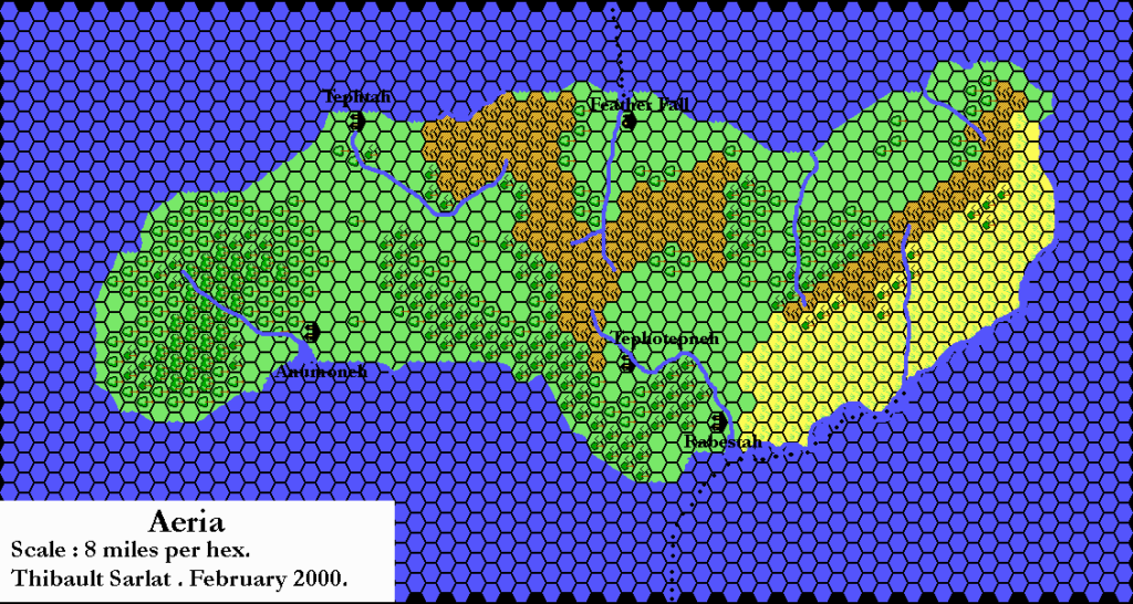 Aeria, 8 miles per hex by Thibault Sarlat, February 2000 (black hex grid added July 2002)
