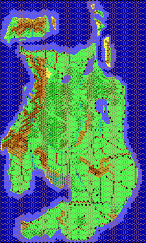 Work-in-progress map of Alphatia, 24 miles per hex by Thibault Sarlat, September 1999
