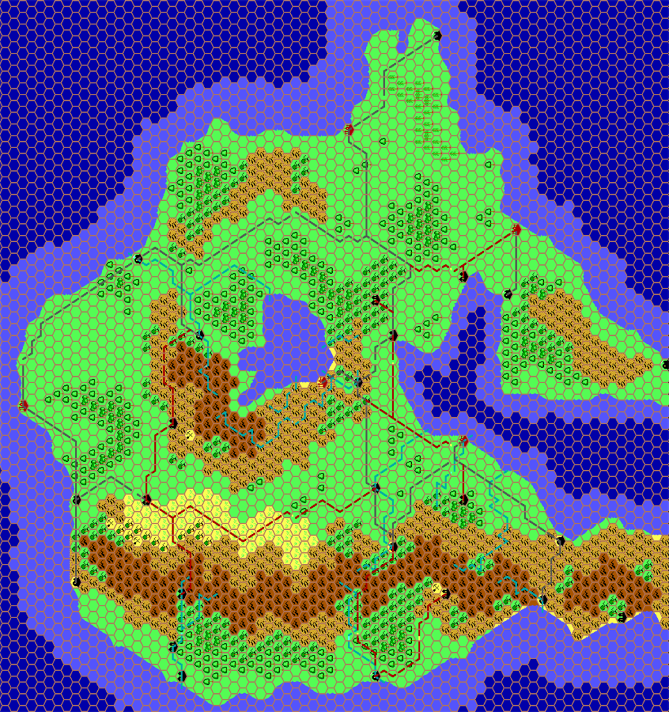 Work-in-progress version of Bellissaria West, 24 miles per hex by Thibault Sarlat, September 1999