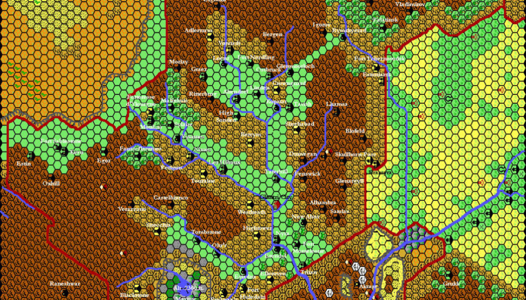 Glantri 1010 AC, 8 miles per hex by Thibault Sarlat, c. August 2000