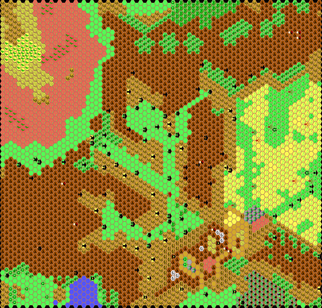 Work-in-progress map of Glantri, 8 miles per hex by Thibault Sarlat, December 1999