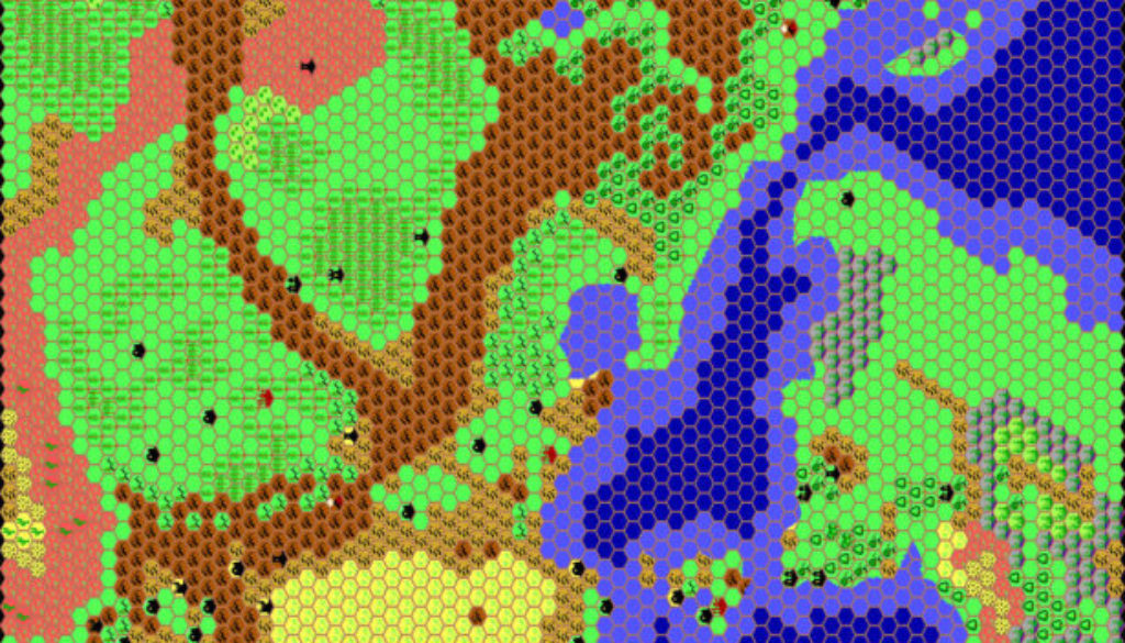 Work-in-progress Known World, 24 miles per hex by Thibault Sarlat, September 1999 (1010 AC version)