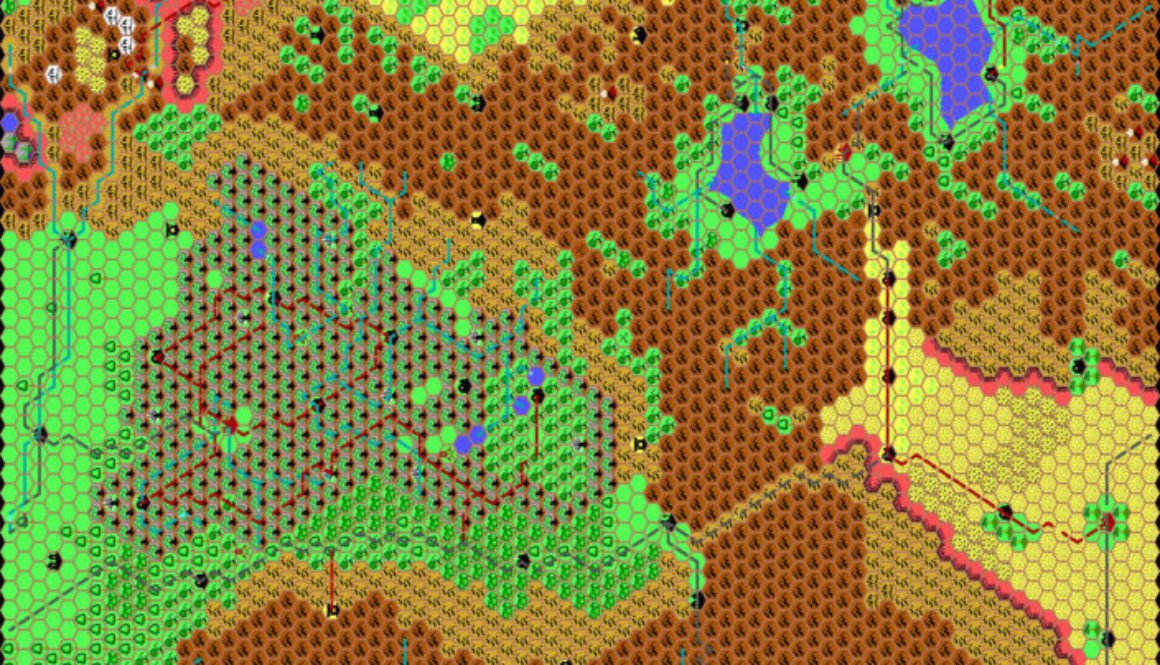 Work-in-progress map of a section of the Known World, 8 miles per hex by Thibault Sarlat, August 1999