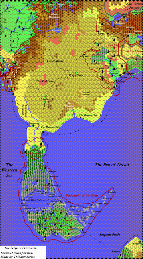 The Serpent Peninsula and the Great Waste, 24 miles per hex by Thibault Sarlat, November 1999