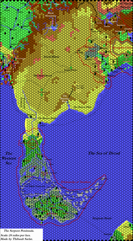 The Serpent Peninsula and the Great Waste, 24 miles per hex by Thibault Sarlat, November 2000