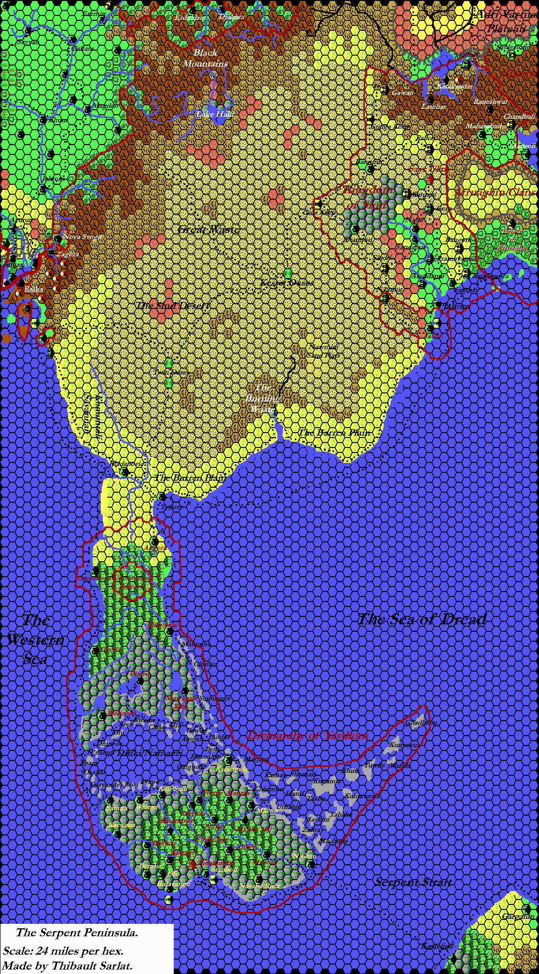 The Serpent Peninsula and the Great Waste, 24 miles per hex by Thibault Sarlat, November 2000