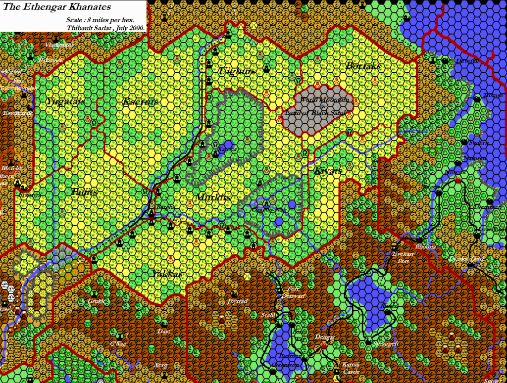 Final version of The Ethengar Khanates, 8 miles per hex by Thibault Sarlat, September 2001 (This version includes errors in the Orclands and the Broken Lands)