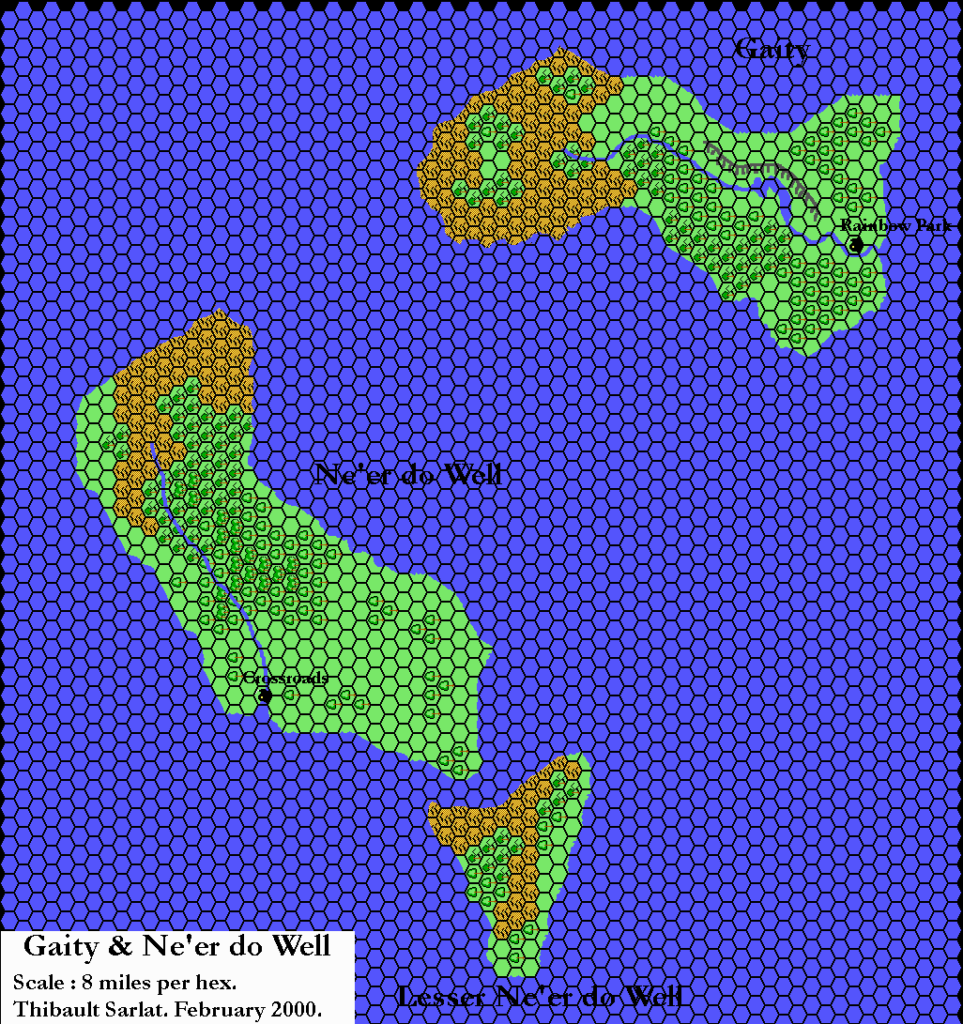 Gaity and Ne’er-do-well, 8 miles per hex by Thibault Sarlat, February 2000 (black grid added July 2002)