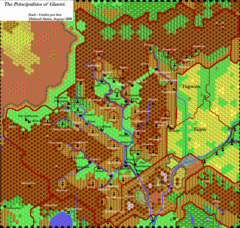 First posted version of the Principalities of Glantri, 8 miles per hex by Thibault Sarlat, August 2000