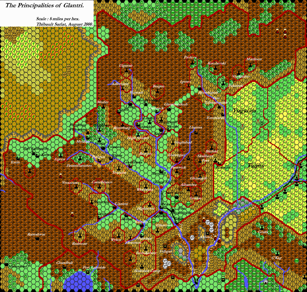 Revised version of the Principalities of Glantri, 8 miles per hex by Thibault Sarlat, August 2000