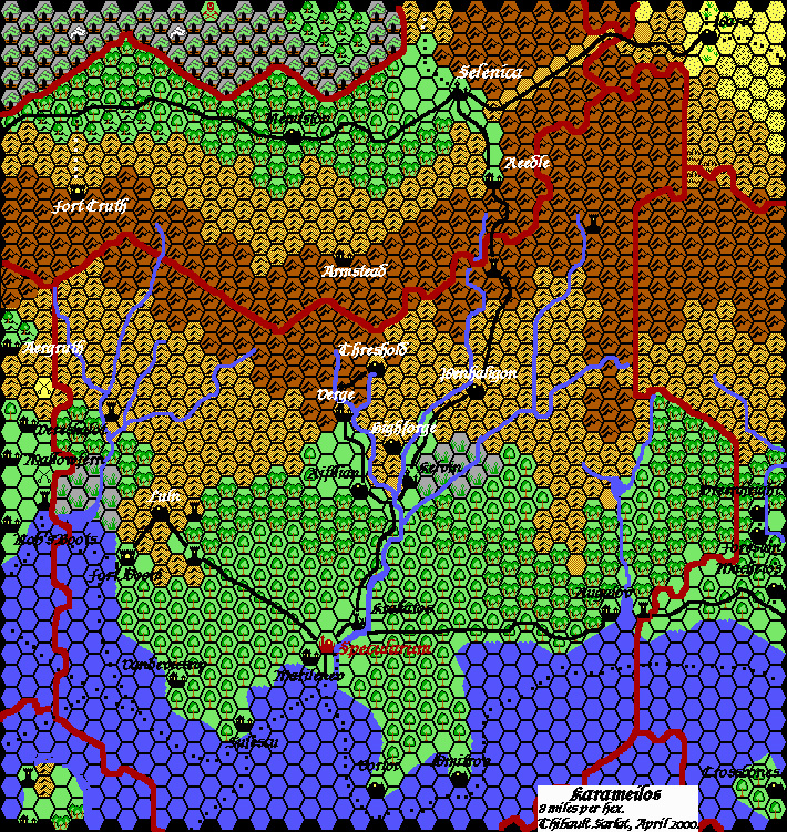 The Grand Duchy of Karameikos, 8 miles per hex by Thibault Sarlat, May 2004