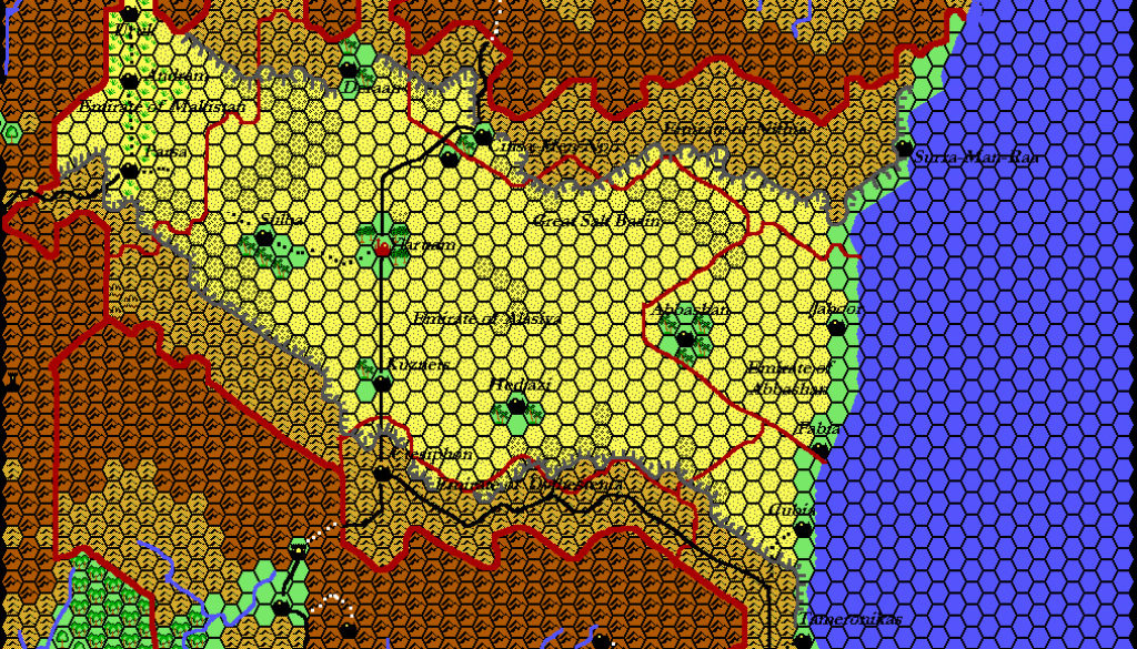 The Emirates of Ylaruam, 8 miles per hex by Thibault Sarlat, September 2001