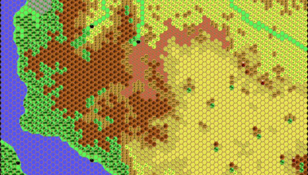 Work-in-progress map of the Adakkian Sound, 24 miles per hex by Thibault Sarlat, March 2001