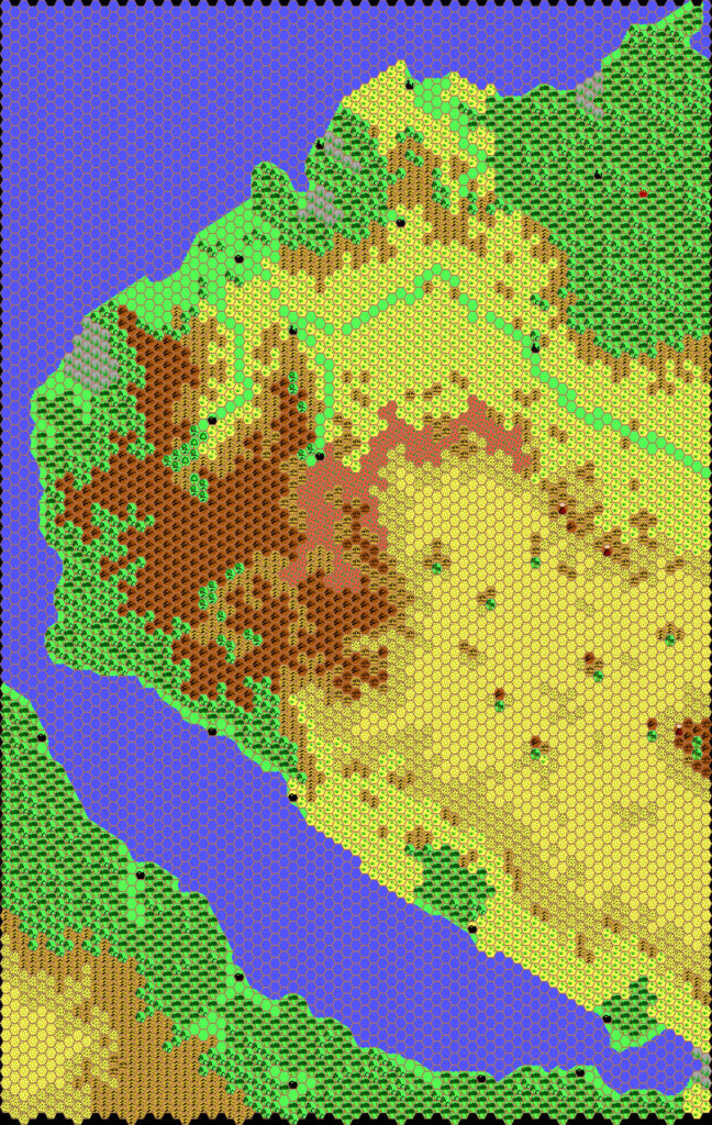 Work-in-progress map of the Adakkian Sound, 24 miles per hex by Thibault Sarlat, March 2001