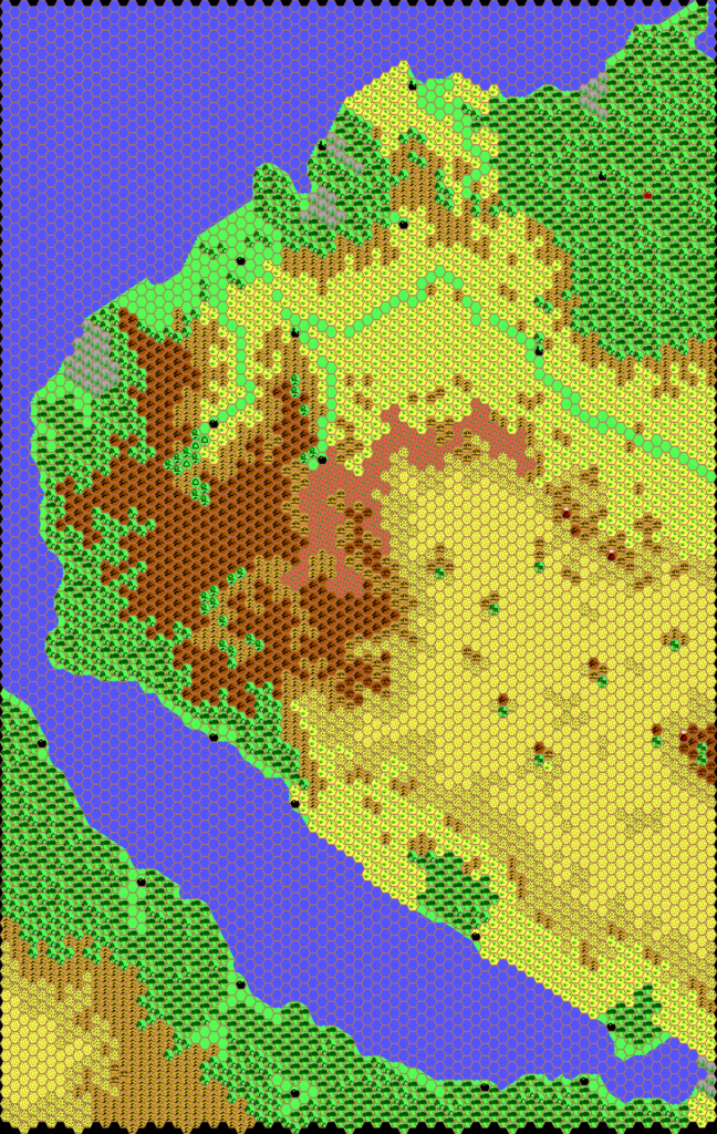 Work-in-progress map of the Adakkian Sound, 24 miles per hex by Thibault Sarlat, March 2001