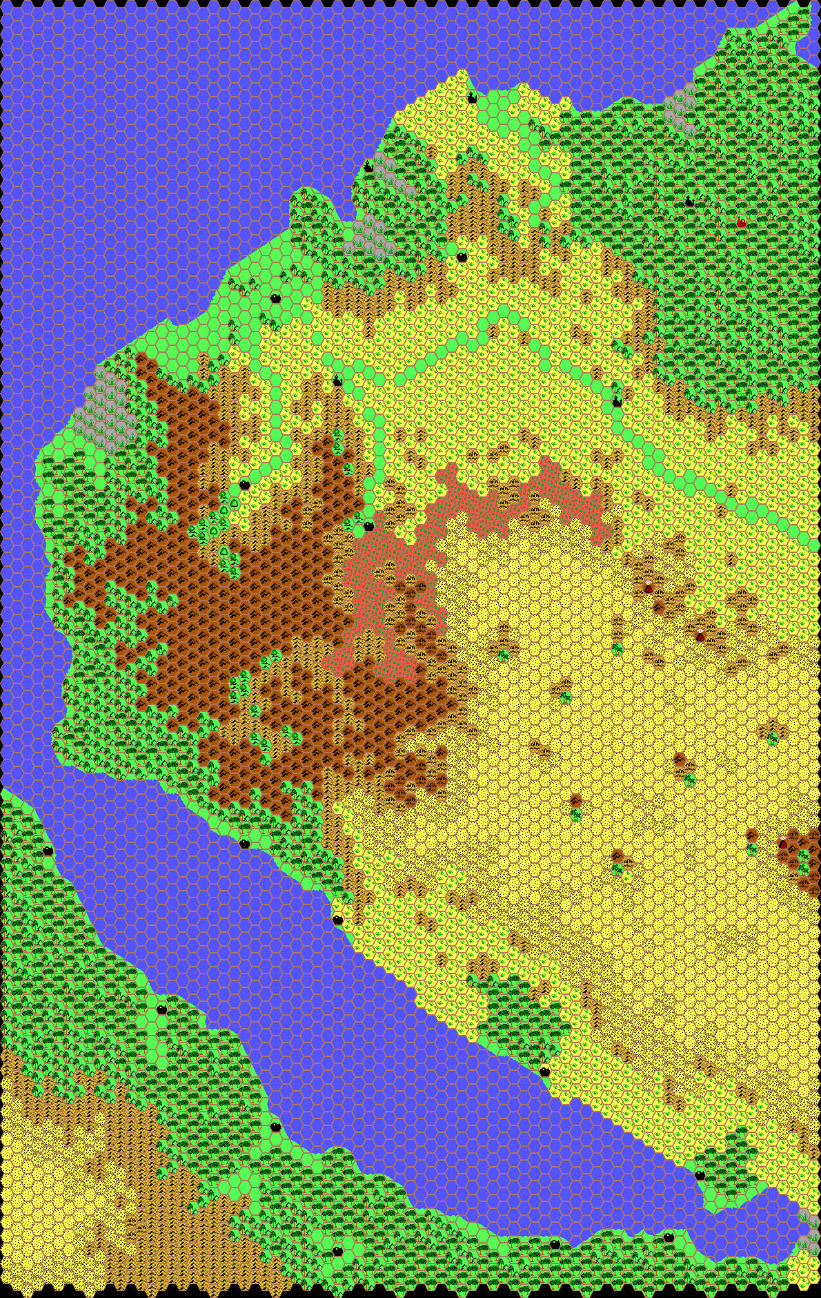 Work-in-progress map of the Adakkian Sound, 24 miles per hex by Thibault Sarlat, March 2001