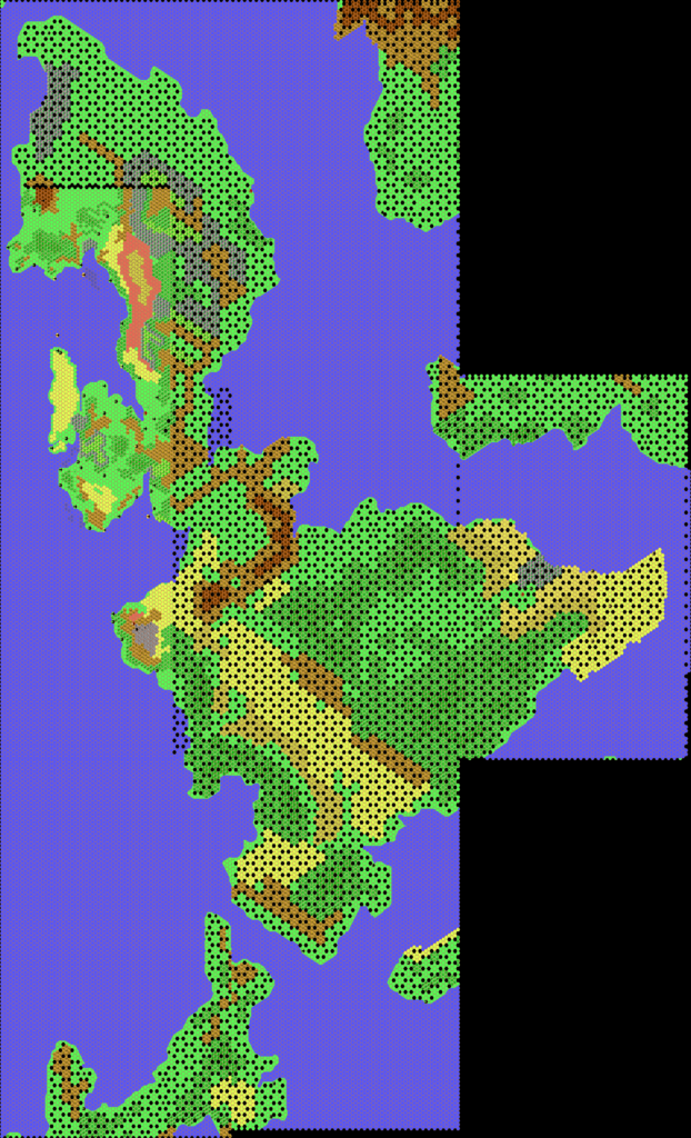 First draft of the Isle of Dawn, 8 miles per hex by Thibault Sarlat, January-February 2000 (combined by Thorfinn Tait, October 2021)
