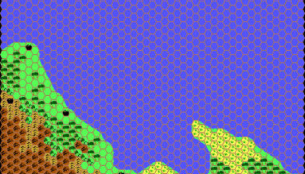Work-in-progress map of Izonda East, 24 miles per hex by Thibault Sarlat, October 2001
