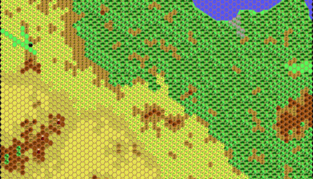 Work-in-progress map of the Jungle Coast, 24 miles per hex by Thibault Sarlat, March 2001