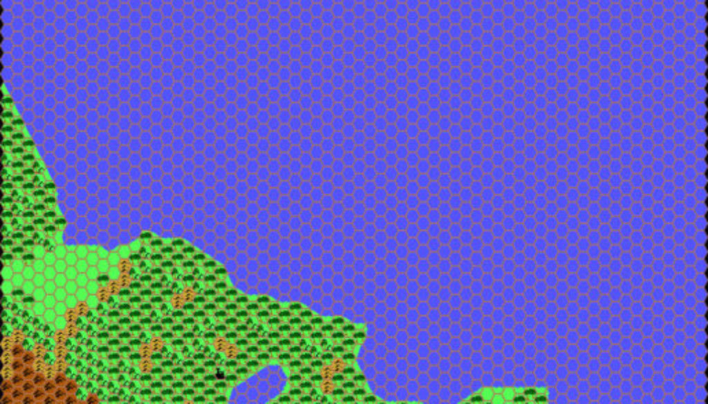 Work-in-progress map of the Eastern Jungle Coast, 24 miles per hex by Thibault Sarlat, March 2001