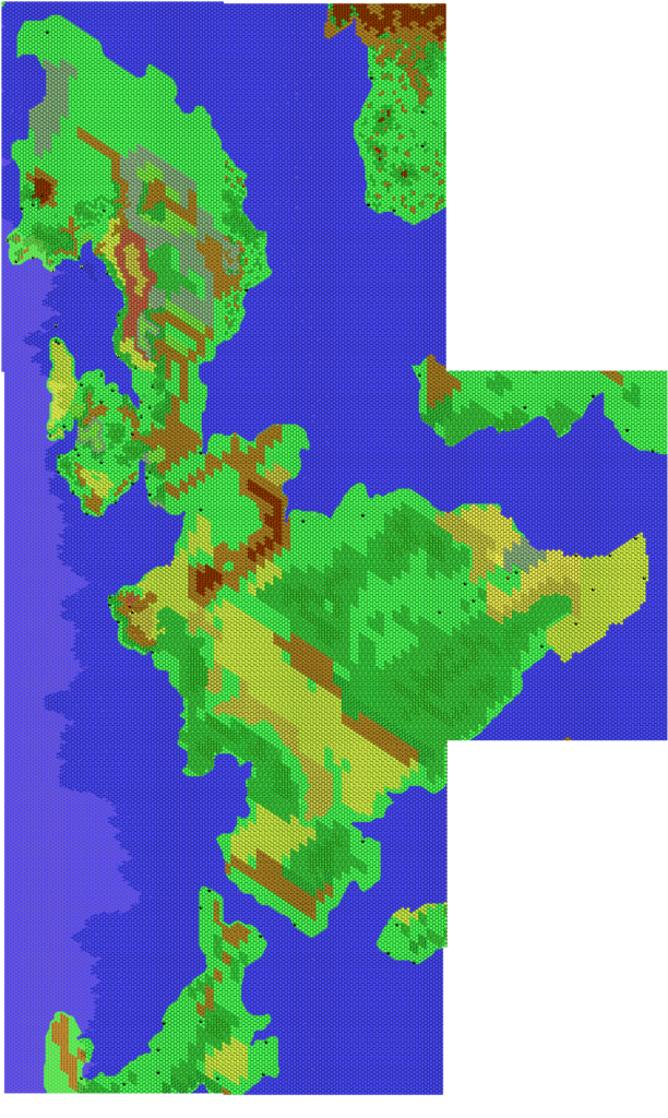 Work-in-progress map of the Isle of Dawn, 8 miles per hex by Thibault Sarlat, September 2001