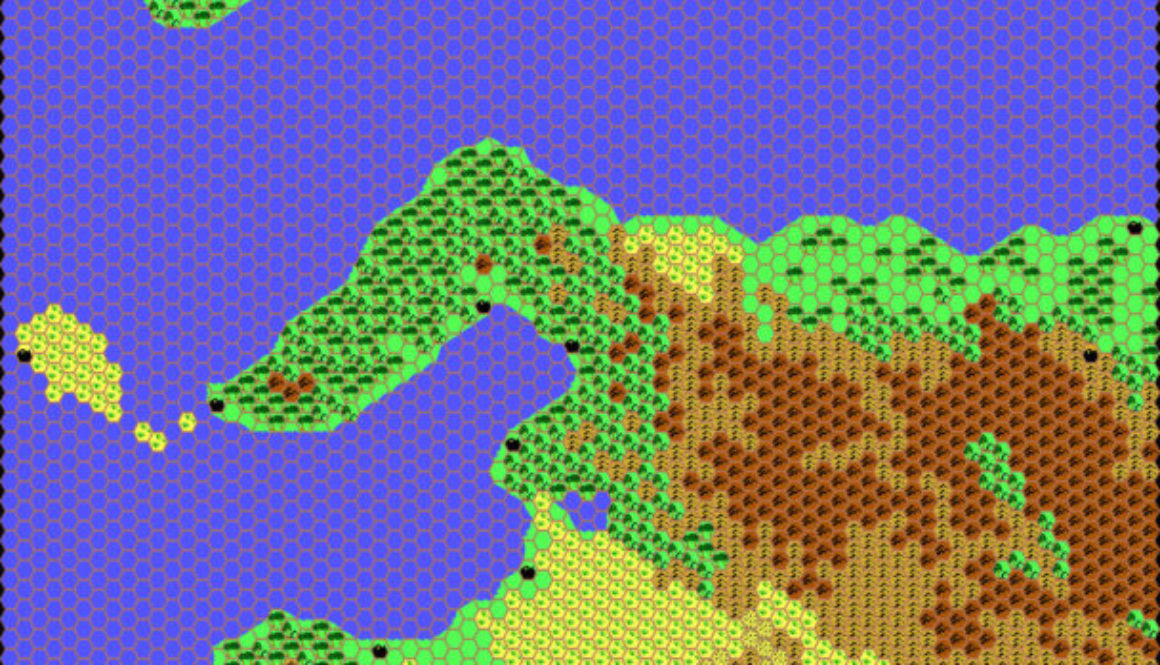 Work-in-progress map of Izonda West, 24 miles per hex by Thibault Sarlat, October 2001