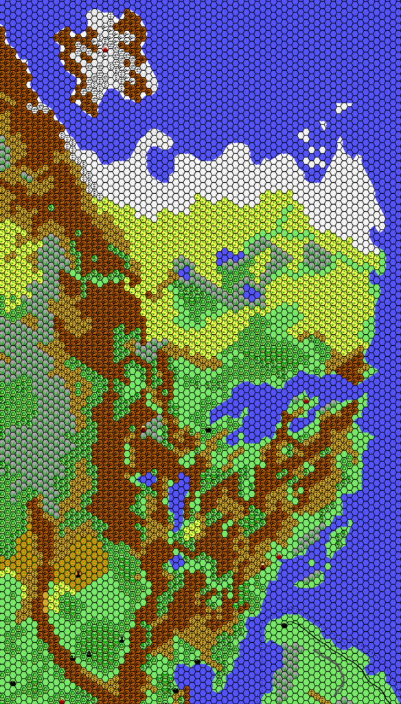 Work-in-progress map of Norwold, 24 miles per hex by Thibault Sarlat, September 2001