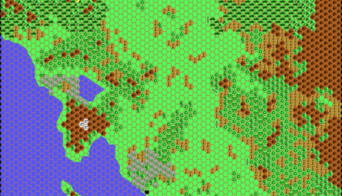 Work-in-progress map of Pelatan East, 24 miles per hex by Thibault Sarlat, October 2001