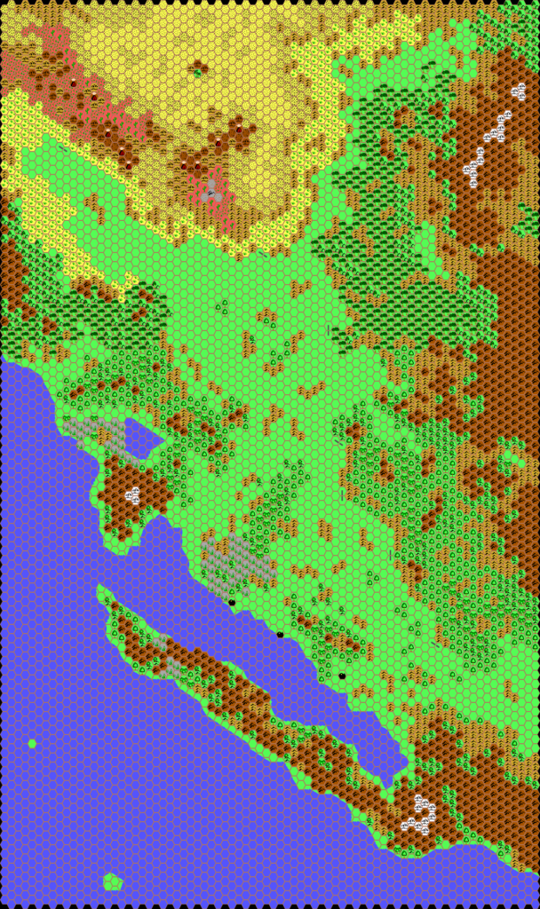 Work-in-progress map of Pelatan East, 24 miles per hex by Thibault Sarlat, October 2001