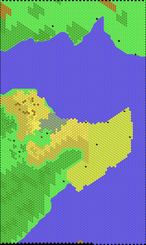 Work-in-progress map of  Thothia and Greenspur, 8 miles per hex by Thibault Sarlat, July 2001