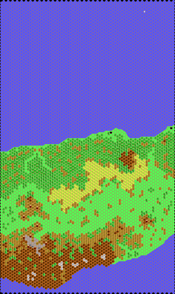 Work-in-progress map of Vulcania East, 24 miles per hex by Thibault Sarlat, January 2002
