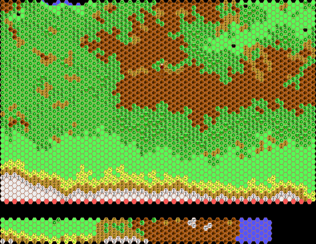 Work-in-progress map of Vulcania South, 24 miles per hex by Thibault Sarlat, March 2002