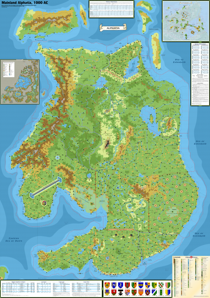 Alphatia 1000 AC Trail Map, 8 miles per hex
