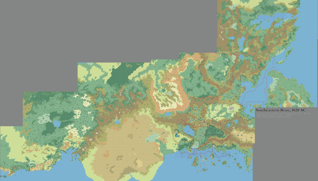 Combined work-in-progress map of Southeastern Brun, 8 miles per hex by Thibault Sarlat, January 2004 -August 2005; assembled by Thorfinn Tait, December 2021
