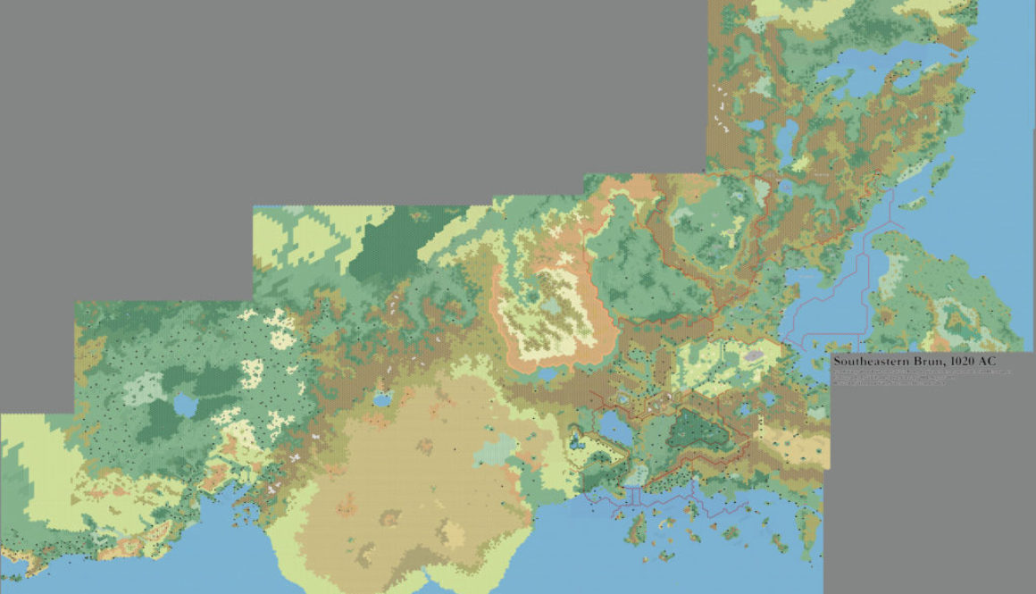 Combined work-in-progress map of Southeastern Brun, 8 miles per hex by Thibault Sarlat, January 2004 -August 2005; assembled by Thorfinn Tait, December 2021