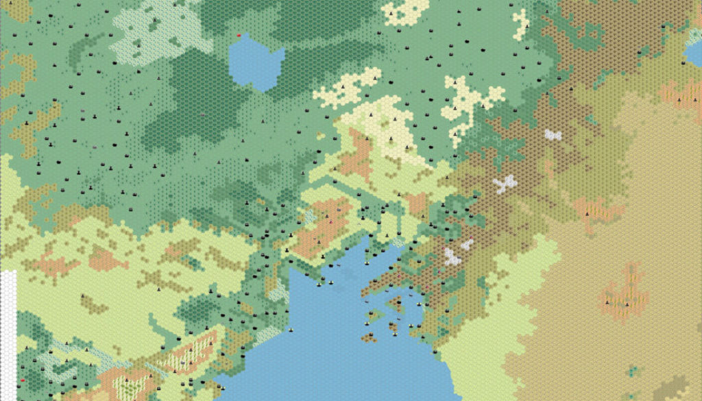 Work-in-progress map of the Gulf of Hule area, 8 miles per hex by Thibault Sarlat, July 2005