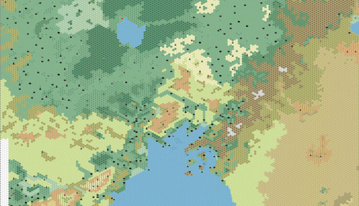 Work-in-progress map of the Gulf of Hule area, 8 miles per hex by Thibault Sarlat, July 2005