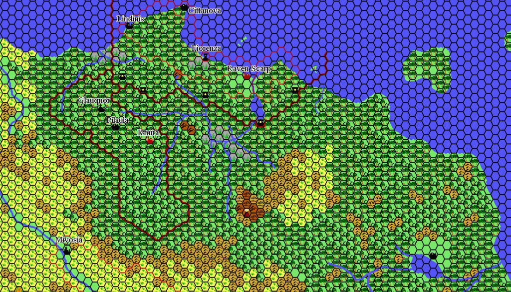 Thyatian Hinterlands Area 1018 AC, 24 miles per hex, by Thibault Sarlat, October 2002